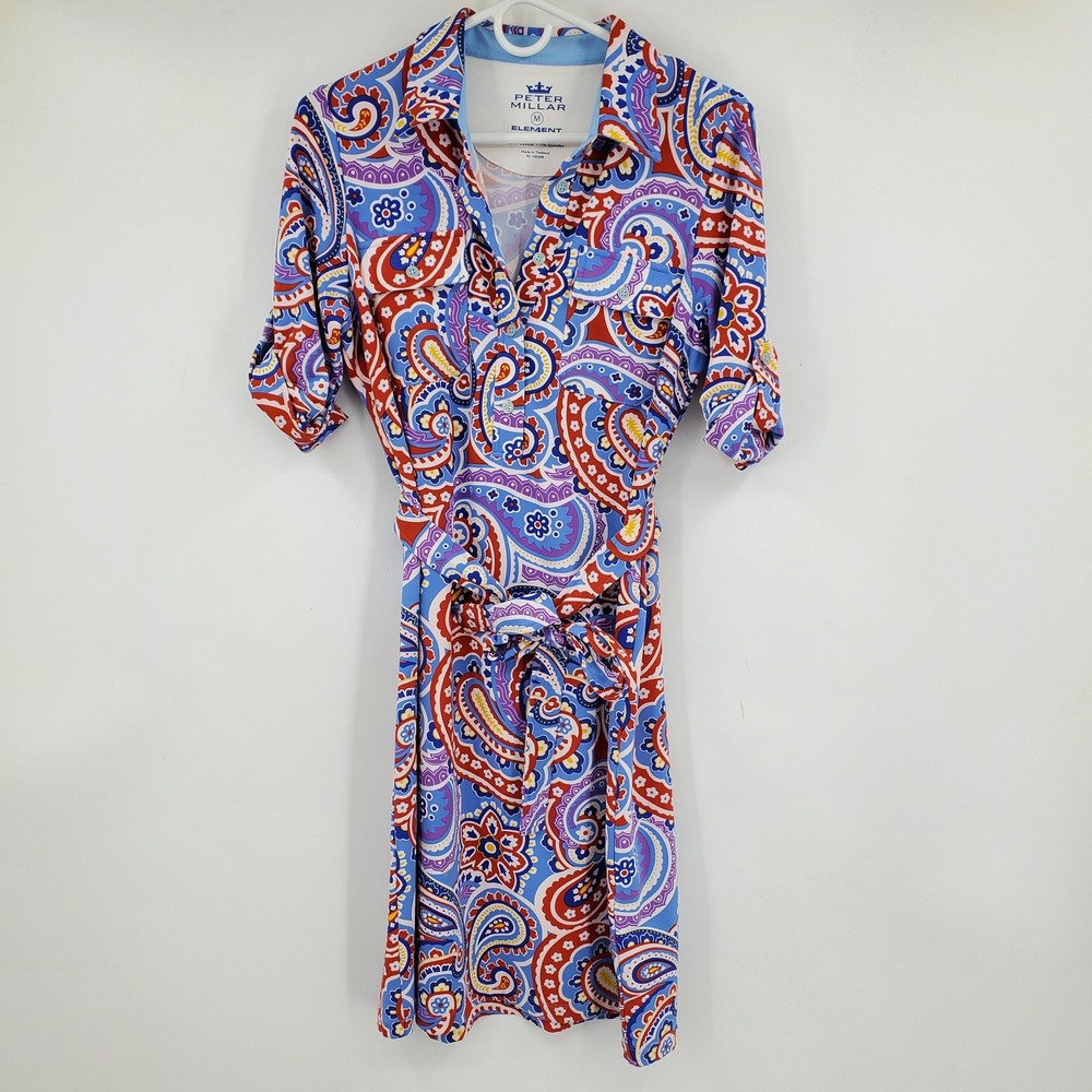Peter‎ Millar Element Paisley Shirt Golf Dress Blue Red Wicking UPF 50+ Medium